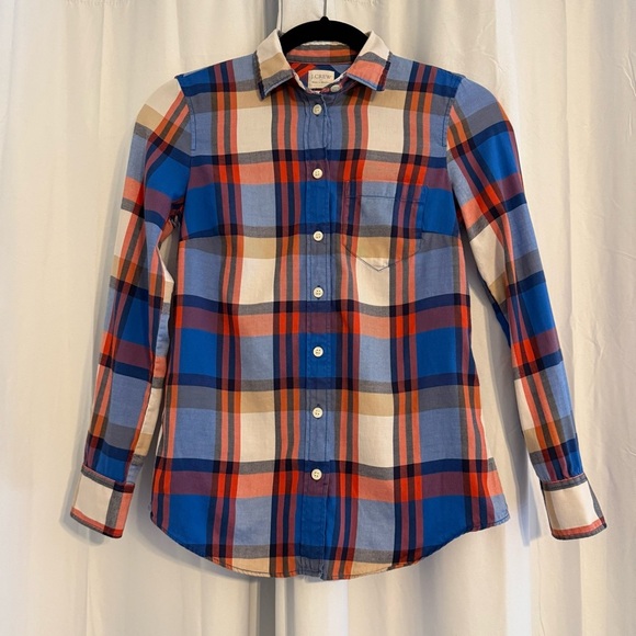 J. Crew Tops - J Crew Perfect Shirt Womens Petite XXS Blue Orange Plaid 100% Cotton Button Up